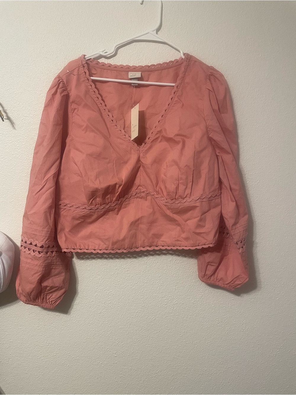 a new day Coral V-Neck Eyelet Trim Puff Sleeve Blouse